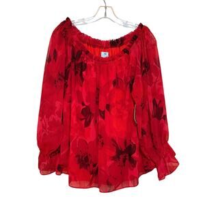 CeCe NEW Red Floral Chiffon Blouse XL LS Smocked Neck Romantic Dressy Top